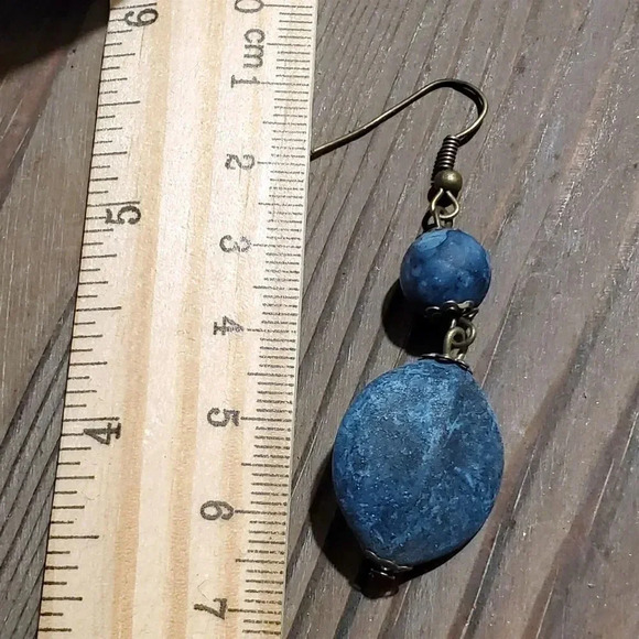 Rustic Bronze Metal Mottled Blue Lightweight Acrylic Handcrafted Dangle Earrings - Picture 5 of 5